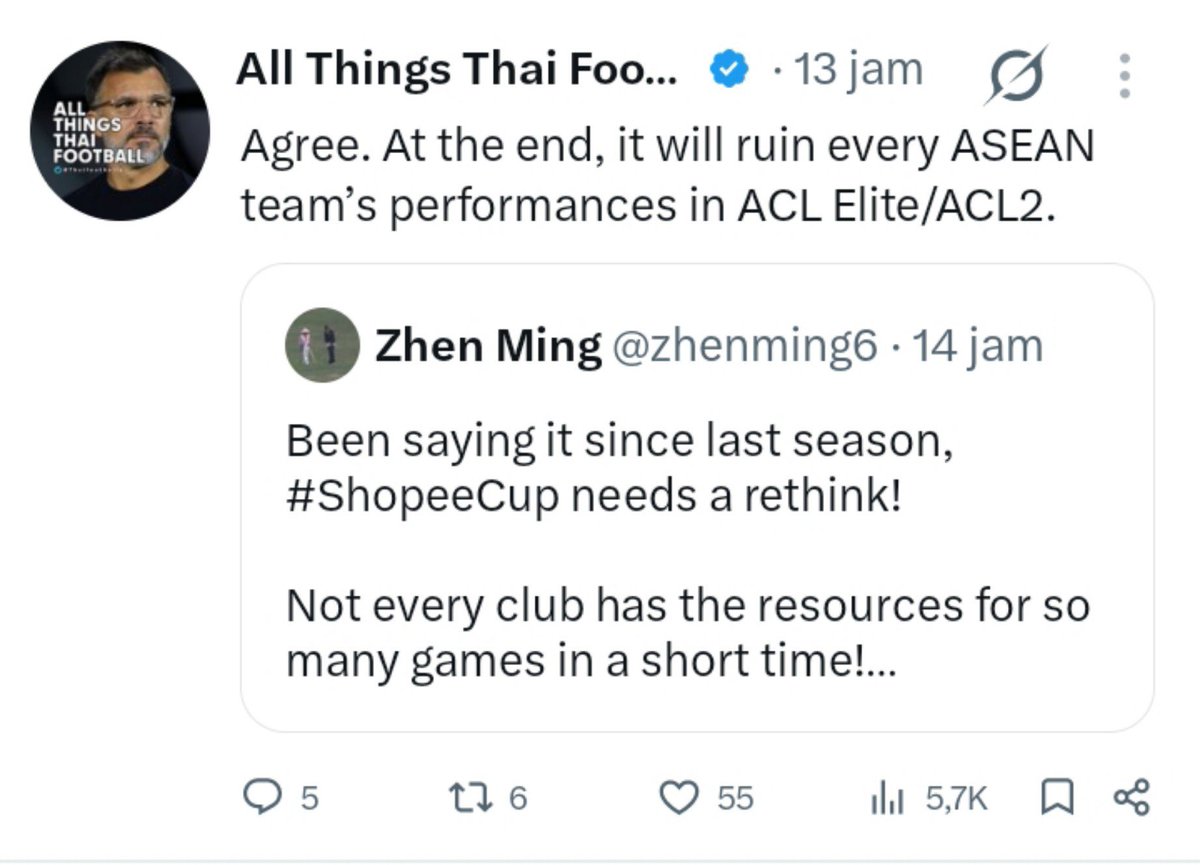 IndosFC's tweet photo. Btw karena lagi ngomongin ASEAN Club Championship

Hehehe akhirnya ada yang merasakan keresahan yang sama walau salah satunya sama seperti aku udah mengutarakan keresahan ini dari musim 2025/26 lalu.

Itulah kenapa aku gak against ketika operator Liga di musim lalu menyetorkan tim peringkat ke-3 dan ke-4 🇮🇩Liga1 2024/25 untuk mengikuti ASEAN Club Championship 2025/26.

Akhirnya pada edisi itu turnamen tanpa diikuti oleh perwakilan dari Indonesia.