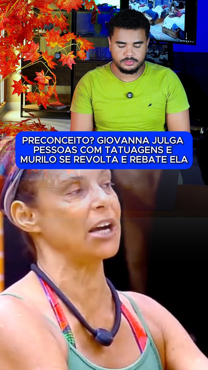 A split Brazilian news graphic with text 'PRECONCEITO? GIOVANNA JULGA PESSOAS COM TATUAGENS E MURILO SE REVOLTA E REBATE ELA' features a bearded man in a green shirt watching a video, and below, a woman with a pink headband speaking.