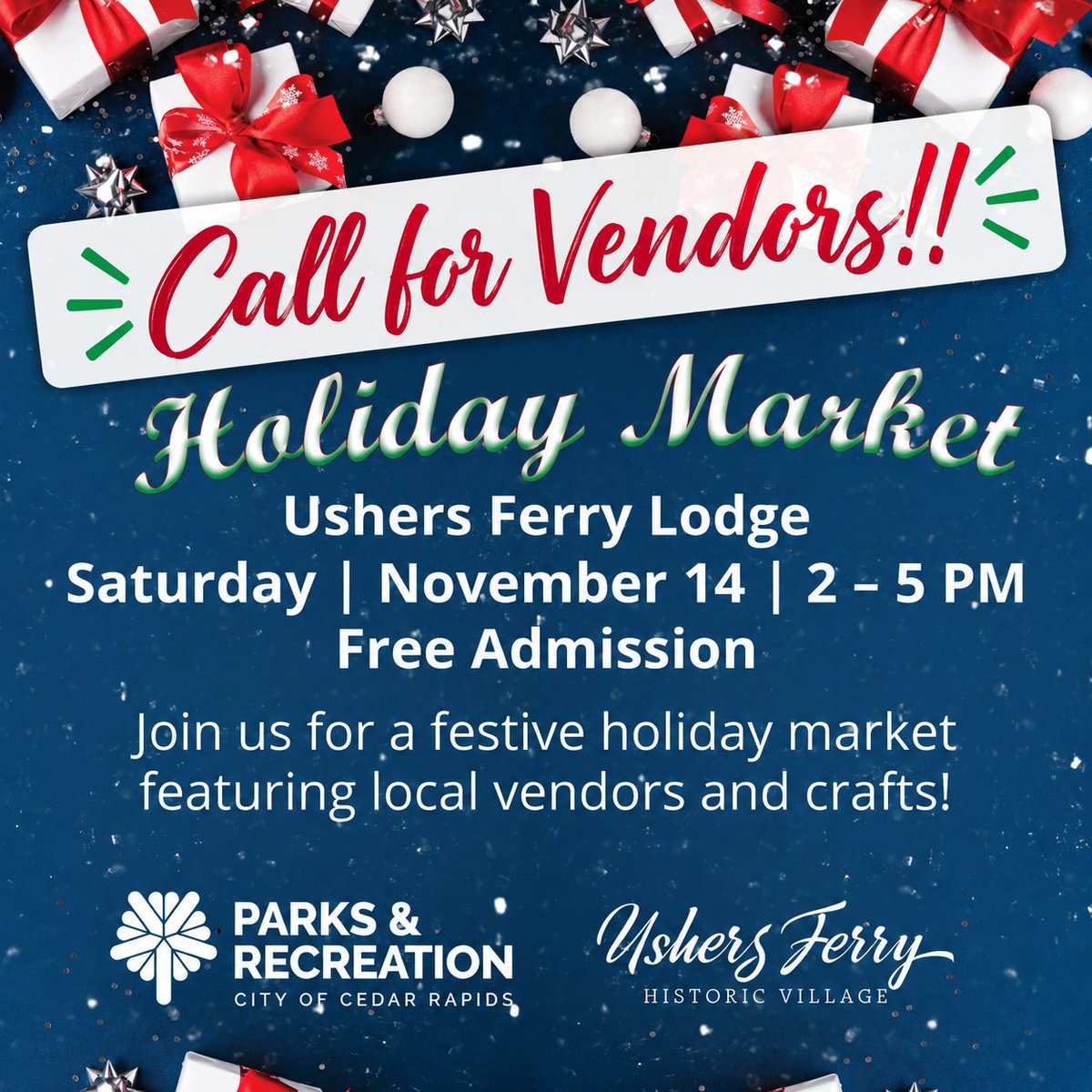 CityofCRiowa's tweet photo. 🎁 Calling local makers & vendors! Want to join us for the Holiday Market at Ushers Ferry? 🎄🛍️
📅 November 14 | 2-5 p.m.
📍 Ushers Ferry Lodge
Apply to be a vendor: https://t.co/ObMtATQ7jG
#CedarRapids #HolidayMarket #PlayCR https://t.co/dMnPA131Ev