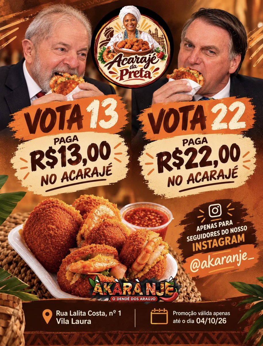 centralreality's tweet photo. 🚨VEJA: Estabelecimento comercial de Salvador-BA anuncia acarajé por R$ 13 para quem vota em Lula e R$ 22 para quem vota em Flávio Bolsonaro. https://t.co/lWW648FBrL