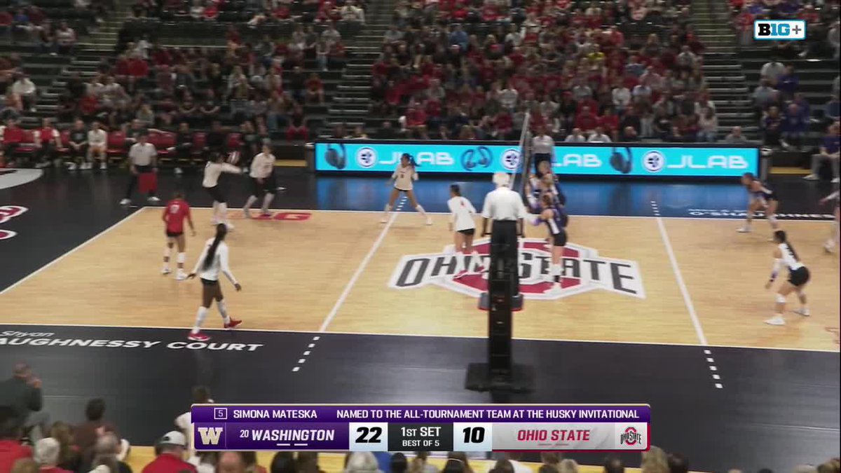 A televised women's volleyball match on Ohio State's court, with the scoreboard showing 20 Washington trailing Ohio State 10-22 in the 1st set of a best-of-5, noting 'SIMONA MATESKA NAMED TO THE ALL-TOURNAMENT TEAM AT THE HUSKY INVITATIONAL'.