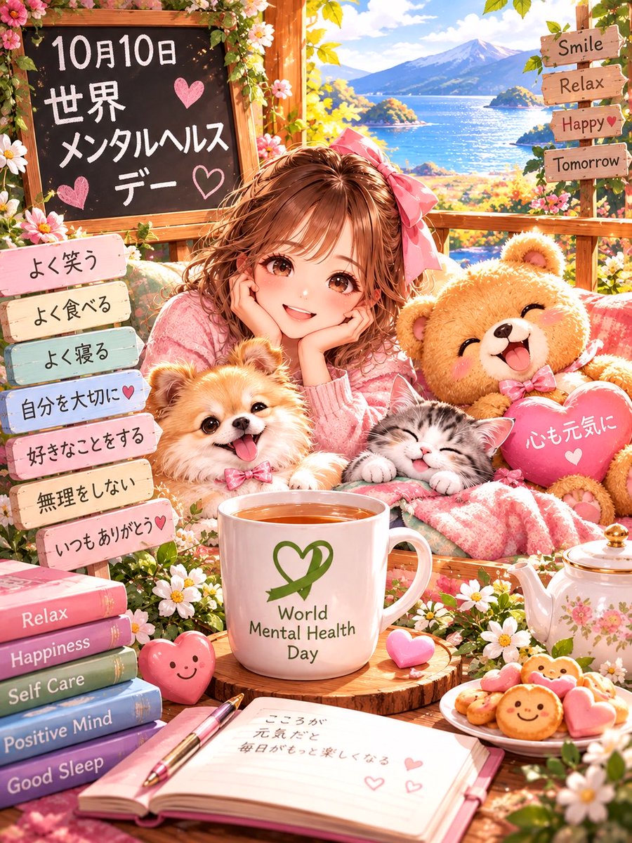 fumi10ko16's tweet photo. おはようございます☺️🌸

今日は #世界メンタルヘルス・デー🌿✨

頑張ることも大切だけど、時にはゆっくり休むことも大切ですね☕️💕

よく笑って、よく食べて、よく眠って🥰

今日も自分の心を大切に、穏やかな一日を過ごせますように🍀

#AIイラスト #今日は何の日 https://t.co/Ct08yvCWGD