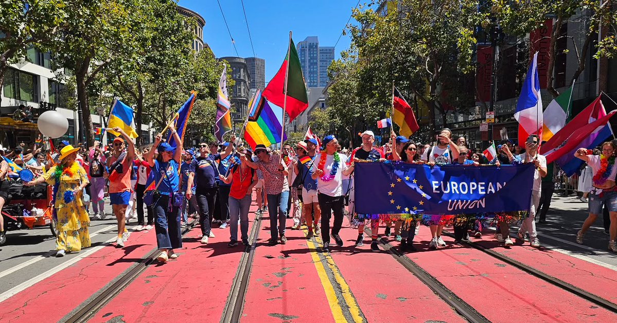 maxneimar's tweet photo. Proud to march in the 2026 San Francisco Pride Parade with the European Union group and Switzerland. Seeing EU countries united for the LGBTQ+ community reminded us that love, inclusion, and equality know no borders. Happy Pride! https://t.co/GzXXnyMtfk