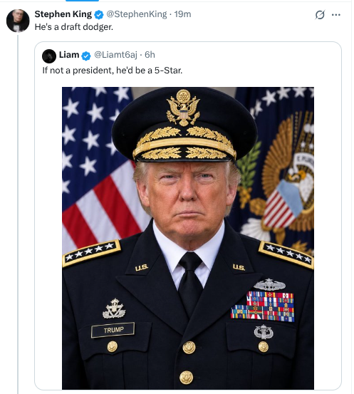 BskiMike22802's tweet photo. @StephenKing called Trump a "draft dodger." Stephen's own draft board classified him 4-F right after college: high blood pressure, limited vision, flat feet, punctured eardrums. Trump got college deferments, then a medical deferment for bone spurs, and ended up 4-F too. So who's the dodger?

I teach science, so I graded this like a lab report. Sample A: medical disqualification during Vietnam. Sample B: medical disqualification during Vietnam. Stephen looked at two identical results and wrote a different conclusion for the guy he doesn't like. In my class, that's a zero.

If 4-F makes you a draft dodger, Stephen can go stand in the corner next to Trump. If 4-F is a legitimate medical classification (it is), then he owes Trump the same courtesy he gives himself. You don't get to keep your flat feet and throw out his bone spurs. Trying to reason with him on this will be like trying to baptize a cat, but I'm a teacher, so I'll try anyway.

And look at what he was answering. Somebody made a meme of Trump in a five-star general's uniform. A Photoshop. The King of Horror saw a cartoon and decided this was the hill he'd die on. The man made a fortune writing about the monster under the bed, and the scariest thing he found this week was a mirror. Couldn't find his own rear with both hands and a map.

Nobody drafted me. I enlisted. I was an Army medic, I deployed to Iraq, and I came home medically retired. So I'll give Stephen's lecture on military service about the same weight I'd give a snollygoster's campaign promise.

No rush on the correction, Stephen. Fiction has always been your strong suit.

But what do I know, I'm only a retired medic who actually knows what 4-F means.