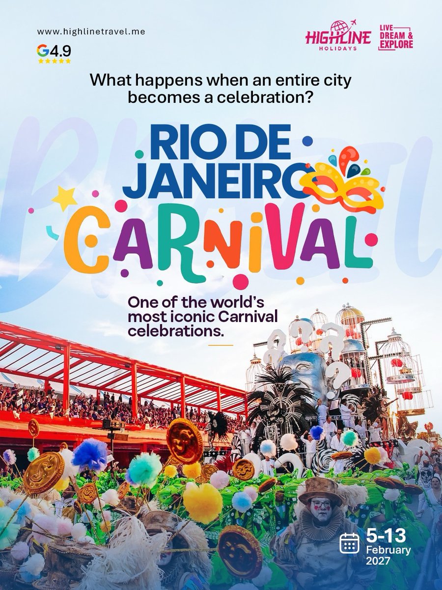 AsdruvalBolanos's tweet photo. Brazil Carnival 2027: Feel Rio’s rhythm, colour, music and energy. Let Highline Holidays handle flights, stays, transfers and travel arrangements. Call +971 58 134 3187 or +971 52 406 4953. https://t.co/6yyyWzlu3A