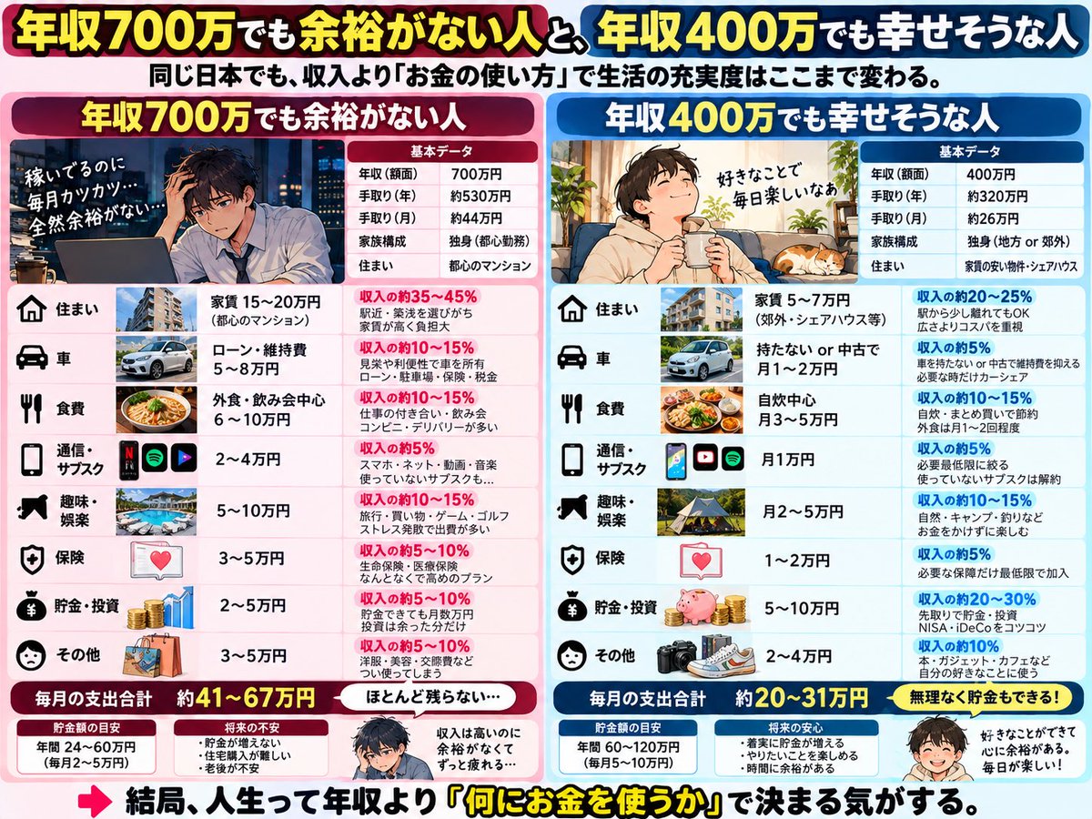 pen_fire88's tweet photo. 年収700万でカツカツな人。
年収400万でも余裕がある人。
結局、年収よりお金の使い方なんだよな。 https://t.co/gTIcOyMDe3