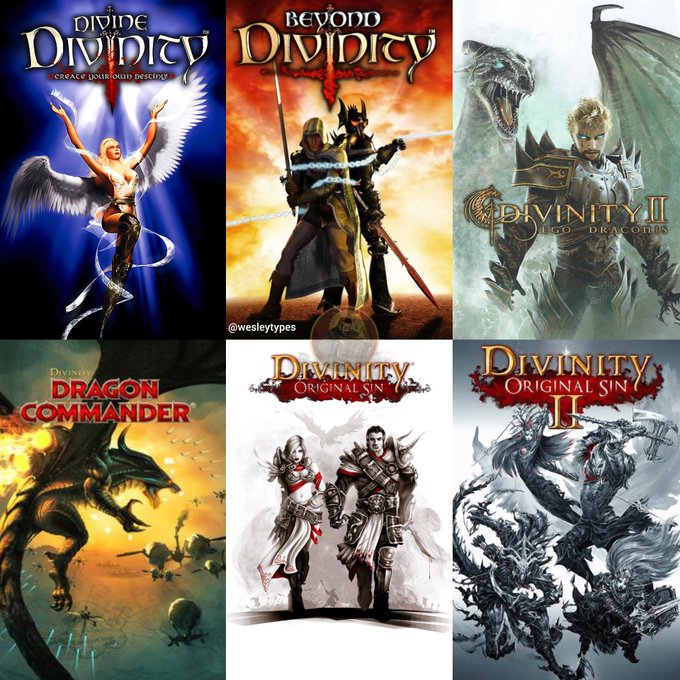 A collage of six video game covers from the Divinity series, including Divine Divinity, Beyond Divinity, Divinity II Ego Draconis, Divinity Dragon Commander, Divinity Original Sin, and Divinity Original Sin II.