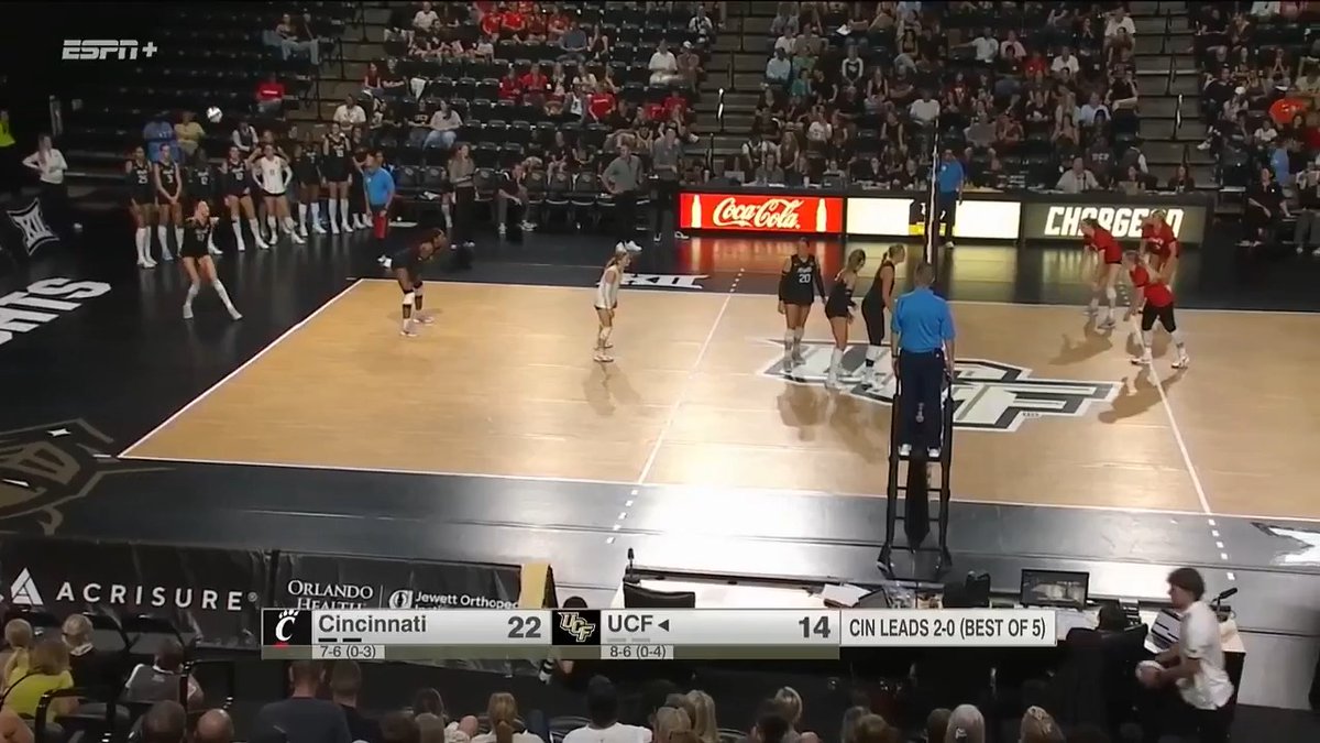 ESPN+ broadcast of college volleyball showing Cincinnati leading UCF 22-14, with Cincinnati up 2-0 in a best-of-5 match.