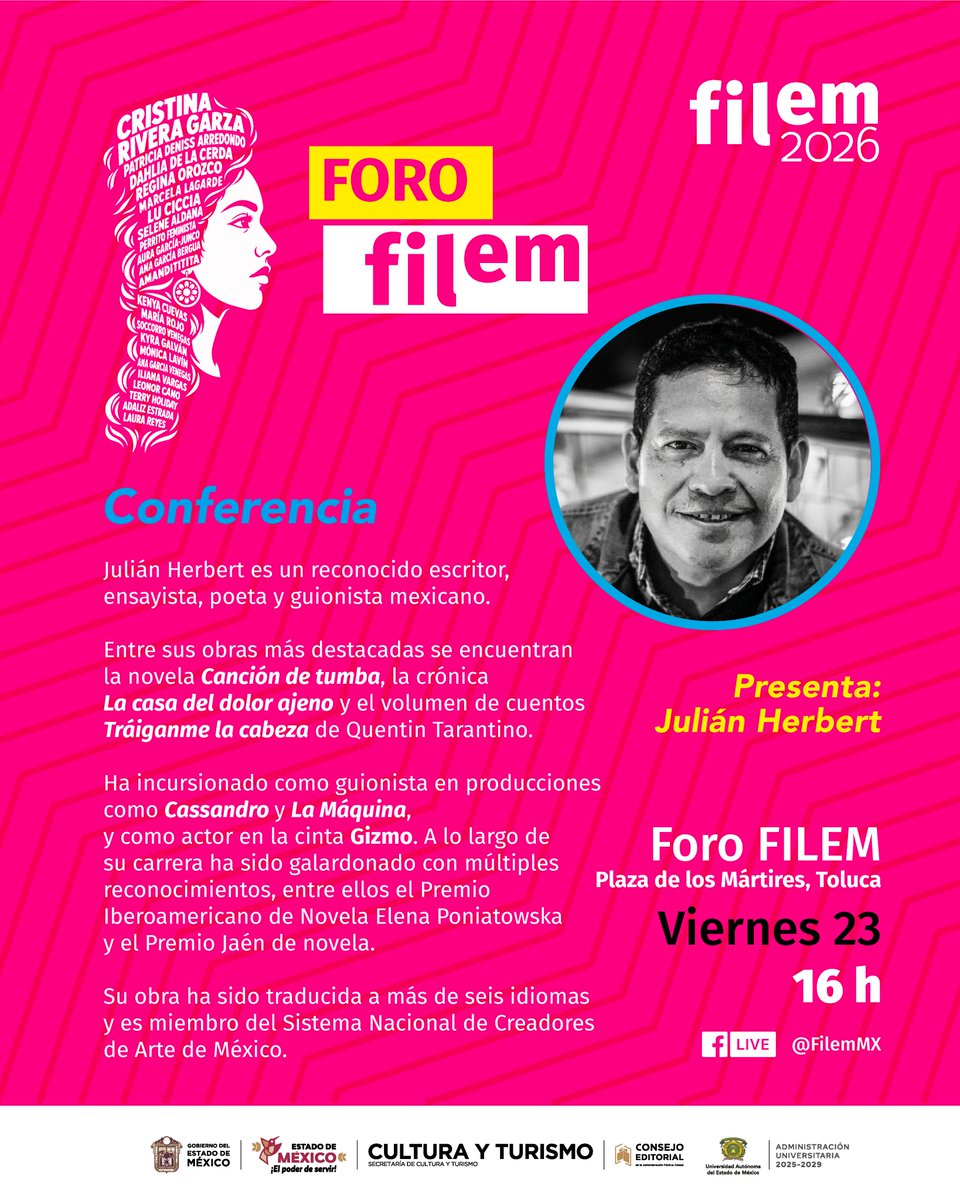 Filem_Mx's tweet photo. 📢 Julián Herbert, llega a la FILEM.

Donde compartirá las reflexiones de su libro Overol (2024), analizando la obra de autoras imprescindibles que redefinen nuestras letras: Cristina Rivera Garza, Fernanda Melchor, Brenda Navarro, Valeria Luiselli y Ave Barrera.

¡Te esperamos¡ https://t.co/Sw8Y3OIHMT