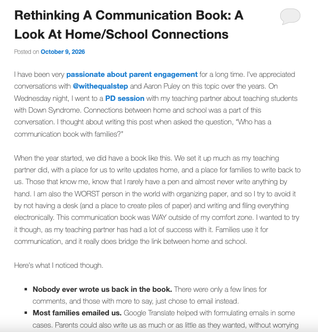 avivaloca's tweet photo. A move beyond a communication book has me thinking more about parent engagement. Thanks @WithEqualStep and Aaron Puley for the inspiration. #onted #ptchat https://t.co/kAAymPGj5H https://t.co/aXTgUCat06