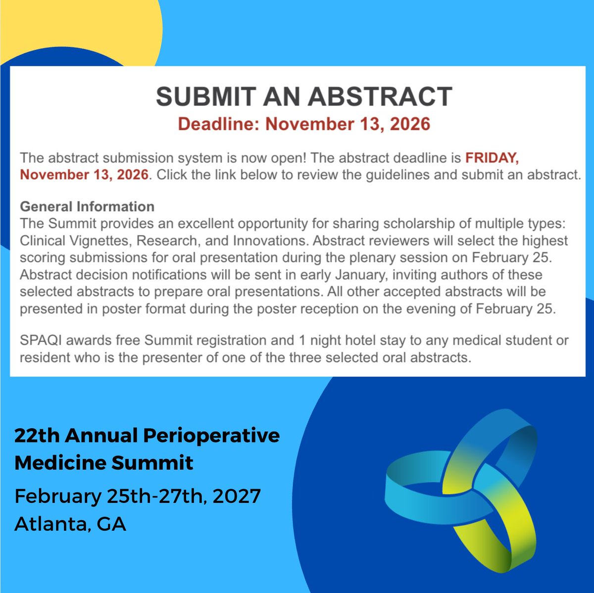 SPAQIedu's tweet photo. Abstract submissions are now OPEN for the 21st Perioperative Medicine Summit!
Submit your #periopmedicine research, innovations, &amp; clinical vignettes
https://t.co/KV1wQMZp2N
#Periop2027 https://t.co/Ud8cv2hOBh