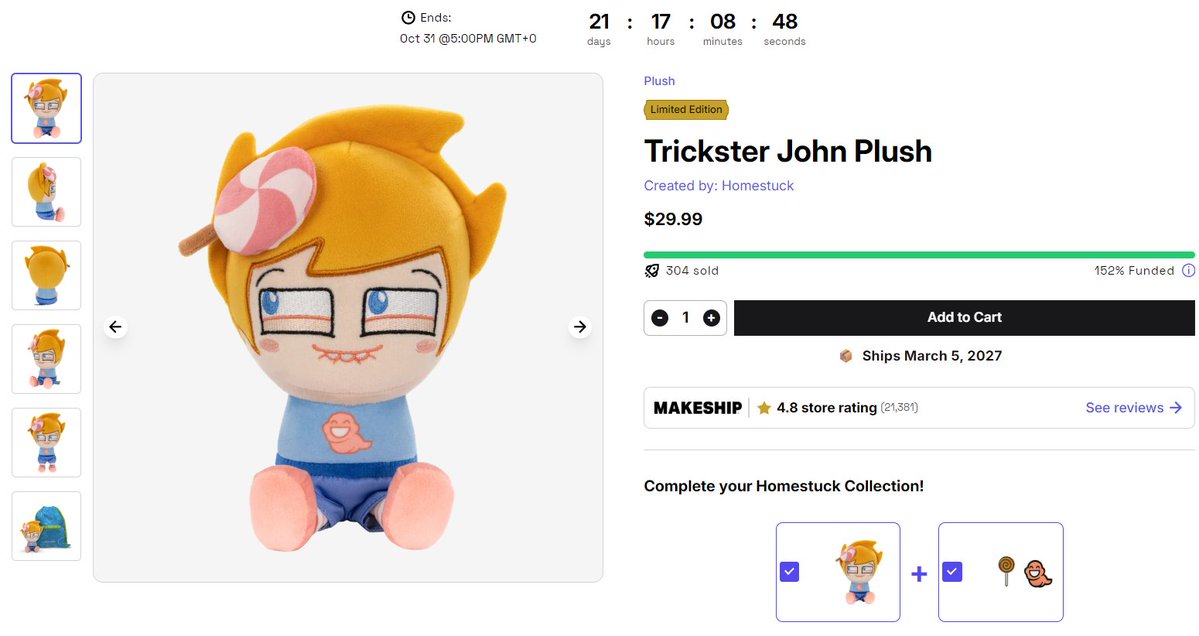 Can0Wormzz's tweet photo. you can tell makeship is scared of losing the profit of homestuck fans cause they almost got down to the last 2 characters then did this shit, I won't be surprised if they start making trickster versions of everyone else or some bs https://t.co/6Cdx38Mb7r