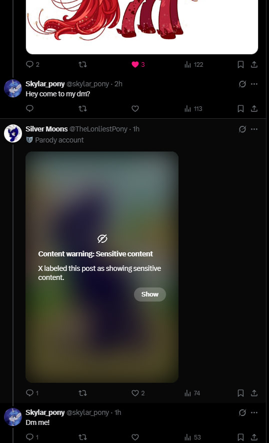Noodamnbreaks's tweet photo. Hey, everyone, a new sort of scam is hitting mlptwt. These are not genuine art accounts; they use " Drop Your OC!!"  to get interaction bait, &amp; than ask to DM you &amp; ask you to comission them.

If they do get your money, you will get traced, stolen, or A. I generated art. https://t.co/btgjQxECVR