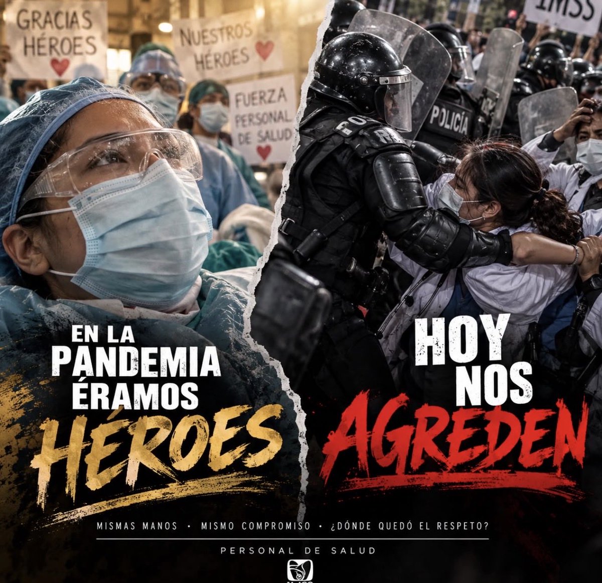Yun1939097's tweet photo. ¿RECUERDAN A LOS QUE APLAUDÍAN DURANTE EL COVID? ¿A LOS QUE LLAMABAN HÉROES? 🏥🩺

ÉRAMOS LOS MISMOS QUE ARRIESGÁBAMOS LA VIDA, QUE TRABAJÁBAMOS CON MIEDO, QUE DEJÁBAMOS A NUESTRAS FAMILIAS EN CASA SIN SABER SI VOLVERÍAMOS A ELLAS.

Hoy esos mismos trabajadores seguimos de pie, pero ahora también tenemos que luchar contra las injusticias, la falta de material, las carencias y los salarios que no corresponden con la responsabilidad que cargamos.

¡LOS APLAUSOS NO PAGAN LAS CUENTAS, EL RECONOCIMIENTO NO LLENA LOS ANAQUELES Y LAS PALABRAS NO SUSTITUYEN LOS INSUMOS!

No pedimos privilegios. EXIGIMOS condiciones dignas para trabajar, material para atender a nuestros pacientes y un salario justo por el trabajo que realizamos.

Y sí, una disculpa a la ciudadanía por las afectaciones viales. Entendemos las molestias, pero también pedimos que comprendan que cuando la voz de los trabajadores no es escuchada, salir a las calles se convierte en una forma de exigir que nos volteen a ver.

NO LUCHAMOS CONTRA EL PUEBLO. LUCHAMOS POR NUESTROS DERECHOS Y POR UNA ATENCIÓN DIGNA PARA TODOS.

No olviden que detrás de cada uniforme hay una persona, una familia y una vocación que merece respeto.

Nos aplaudieron cuando el mundo tenía miedo. Hoy necesitamos que nos escuchen cuando exigimos justicia.

¡NO NOS VAMOS A RENDIR! ¡NO NOS VAMOS A DEJAR! ¡LA DIGNIDAD NO SE NEGOCIA!

¡UNIDOS HACEMOS LA FUERZA!
🏥🔥 ¡FUERZA IMSS! 🔥🏥

#FuerzaIMSS #IMSS #DignidadLaboral #ElPersonalDeSaludTambiénImporta