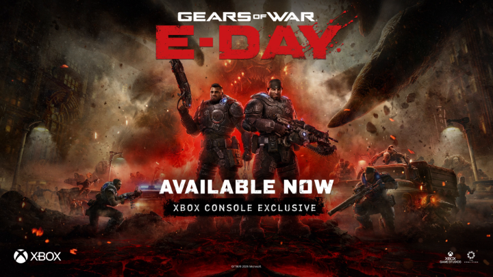 Promotional artwork for "Gears of War: E-Day" featuring heavily armored soldiers standing amid a fiery, war-torn battlefield with the tagline "AVAILABLE NOW" and "XBOX CONSOLE EXCLUSIVE," reinforcing the post's enthusiastic announcement inviting players to join the fight.
