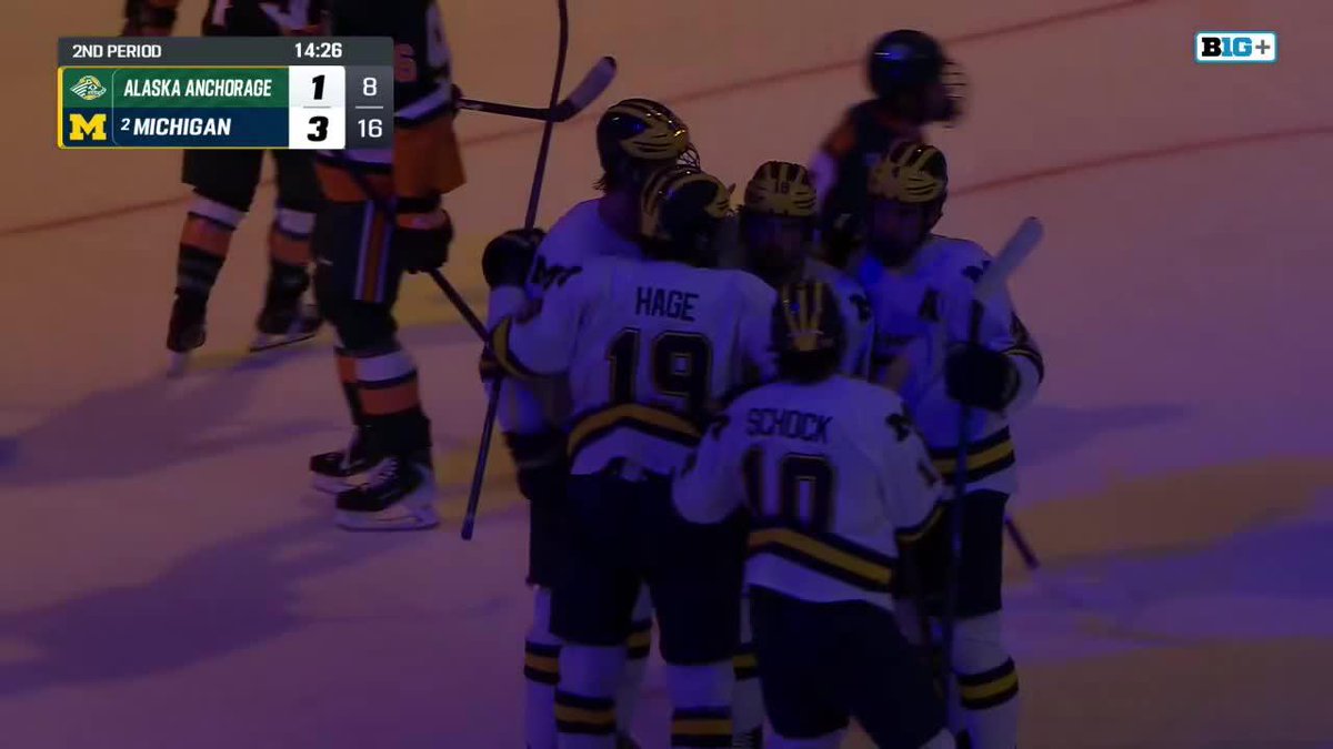 Michigan hockey players celebrating on the ice during the 2nd period, leading Alaska Anchorage 3-1 with 14:26 remaining.