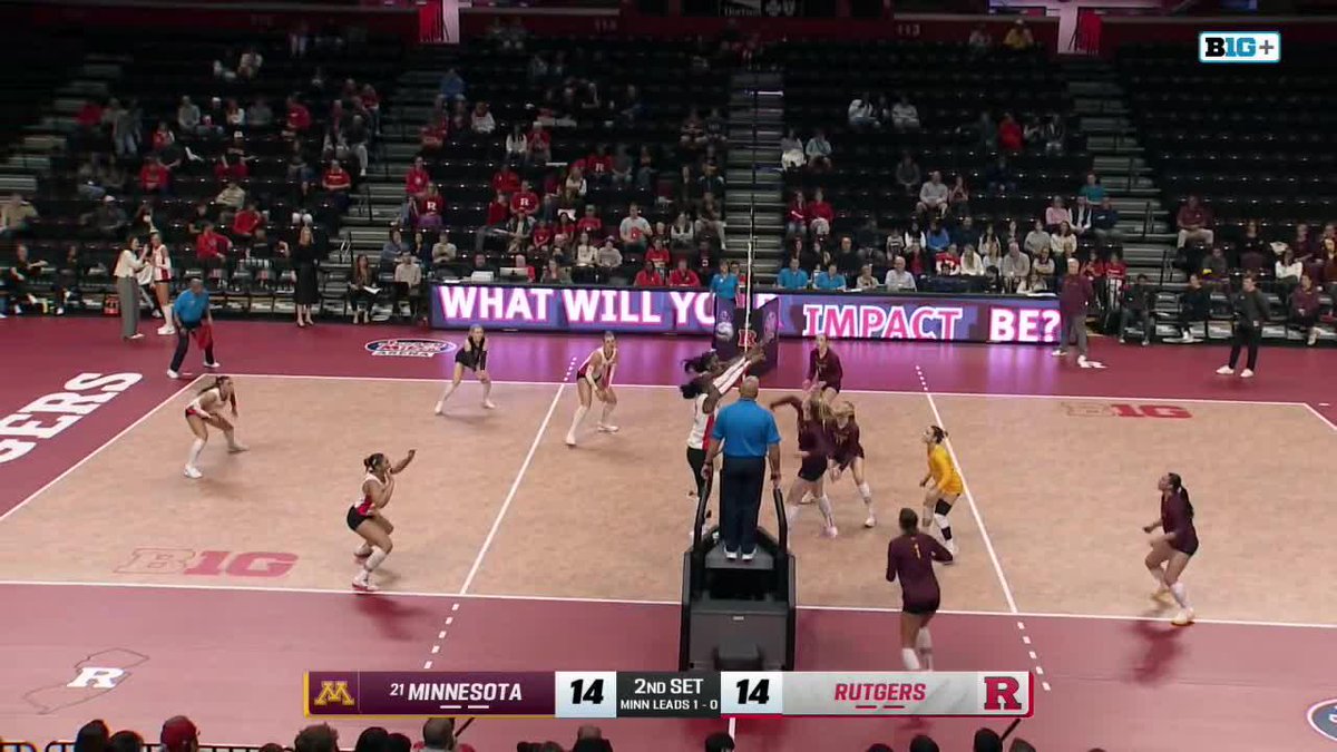 A volleyball match between Minnesota (#21, 14) and Rutgers (#14) in the 2nd set, with Minnesota leading 1-0, broadcast on Big Ten Plus.