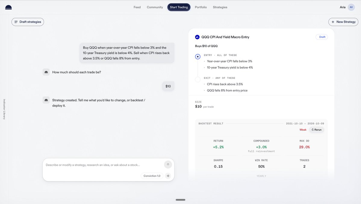 tryconviction's tweet photo. Your agents can now react to the economy.

CPI, treasury yields, interest rates are now live as strategy conditions on Conviction.

Link in comments https://t.co/T0IxuDQ4w6