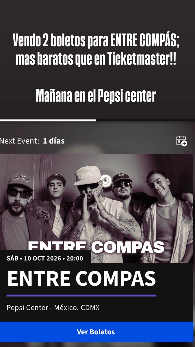 alangtzley's tweet photo. Hola! Vendo 2 boletos para Entre Compás, mañana en el Pepsi center! Más baratos que en Ticketmaster, Zona C con asiento asignado, sentados!! 
@Boletos1 https://t.co/IK1BndJkxG