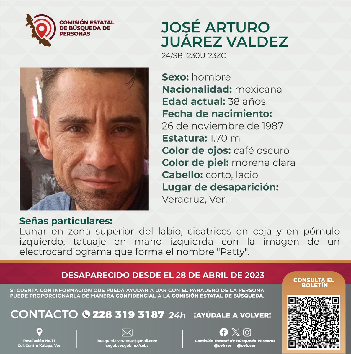 cebver's tweet photo. Solicitamos su colaboración para localizar al C. José Arturo Juárez Valdéz, desaparecido desde el 28 de abril de 2023, cualquier información contactar al número y/o correo que aparece al margen de este boletín. #Veracruz #Córdoba #Xalapa https://t.co/AXpLXDTOHv