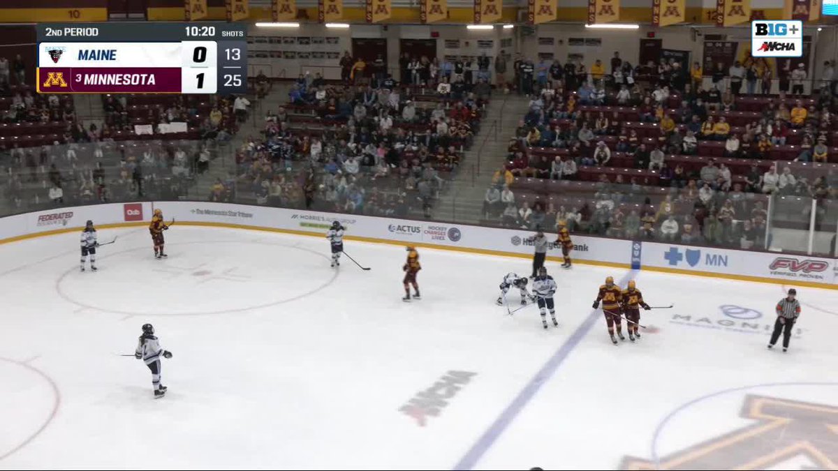A hockey game between Maine and #3 Minnesota shown on Big+ WCHA broadcast, with Minnesota leading 1-0 in the 2nd period with 10:20 remaining.