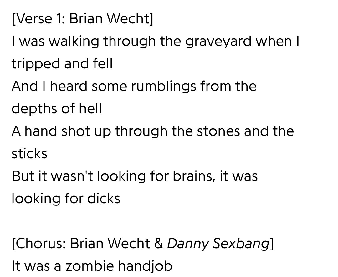 gergror's tweet photo. truly, one of the lyrics of all time from zombie handjob by ninja sex party https://t.co/Os8nV6Fjo7