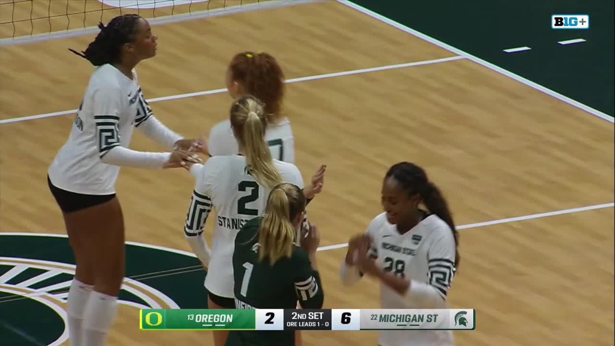 Michigan State volleyball players, including #2 (Stanis) and #28, celebrate on the court during a Big Ten match against Oregon, with the scoreboard showing Oregon 2, Michigan St 6 in the 2nd Set.