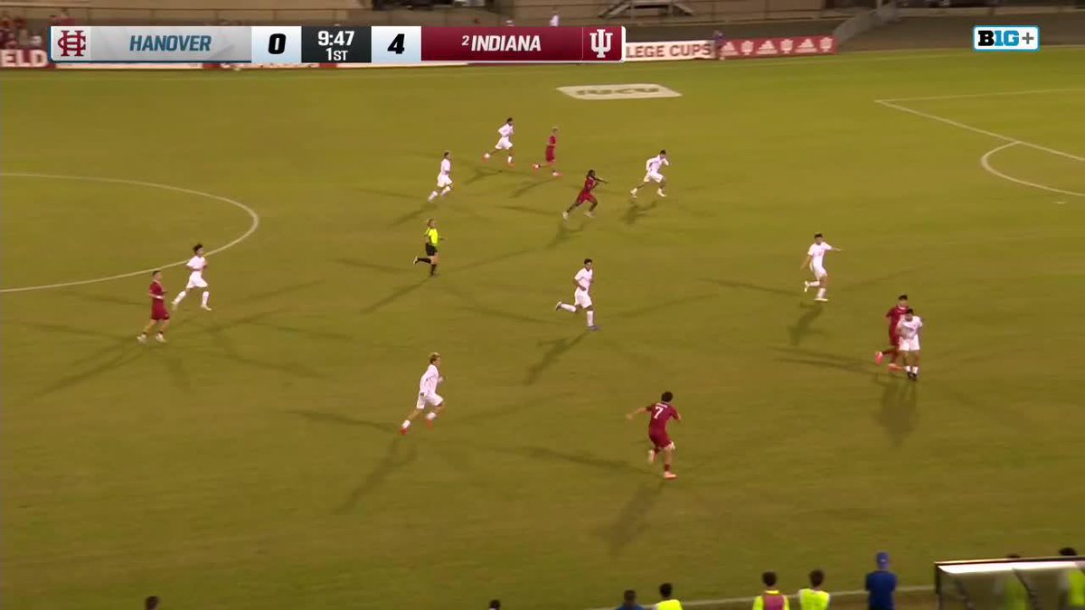 Big+ broadcast of men's soccer match between Hanover and #2 Indiana, with Indiana leading 4-0 at 9:47 in the 1st half.