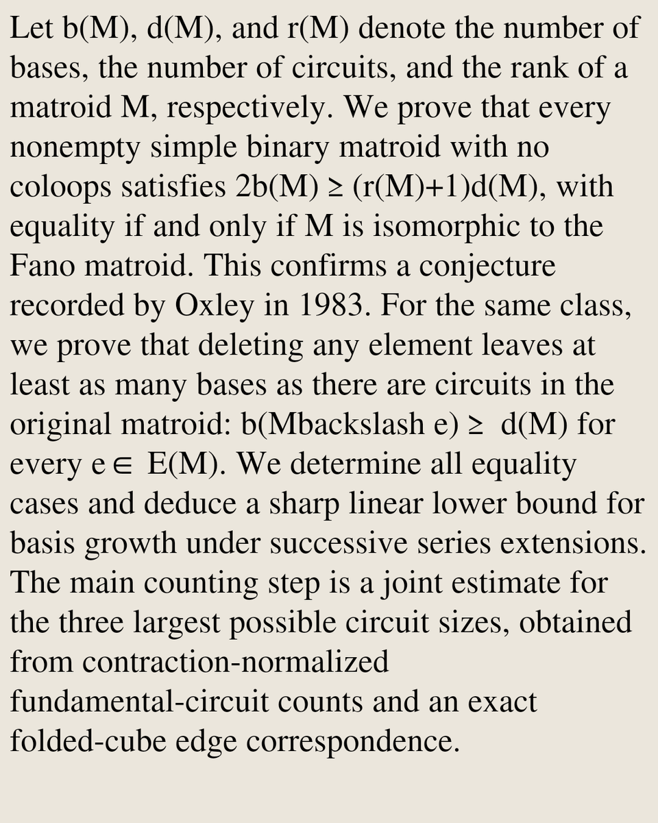 MCombinatorics's tweet photo. A rank bound for bases and circuits in binary matroids

Houshan Fu
https://t.co/hekk0lQR64 [𝚖𝚊𝚝𝚑.𝙲𝙾] https://t.co/B58tf3FAts
