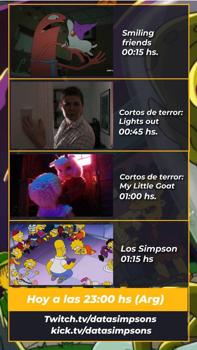 Data_Simpsons's tweet photo. Hoy es viernes de siluetas: seguimos con nuestros especiales de halloween viendo Smiling Friends, cortos de terror y Los Simpson.

23 hs por https://t.co/b7Hbfx1cNe https://t.co/wyFTEeOOIs