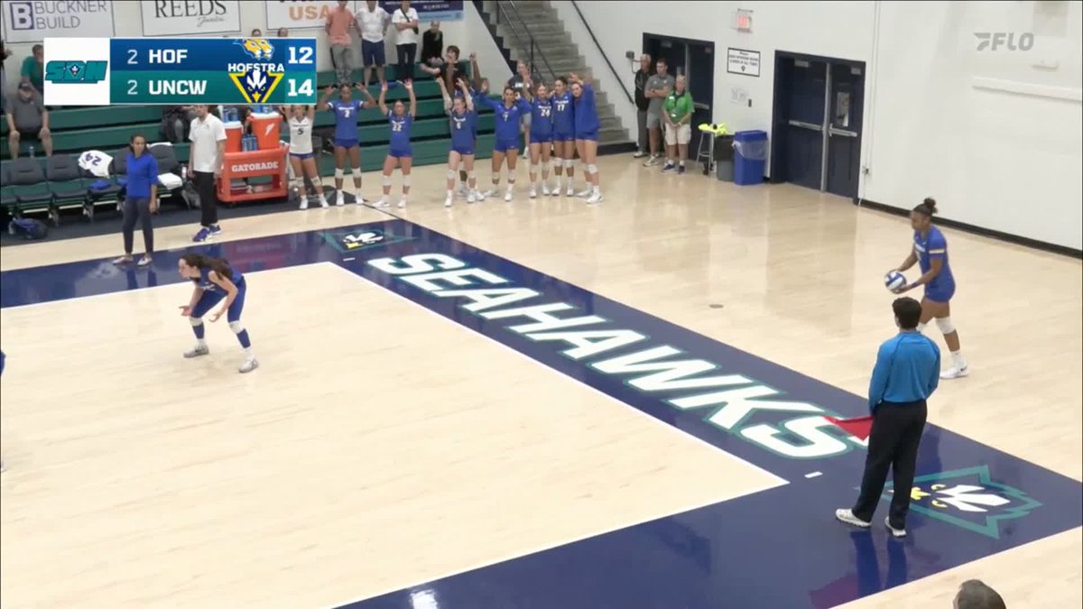 A wide view of a Hofstra vs UNCW volleyball match on the Seahawks court, showing the score tied at 2 sets each with Hofstra leading 14-12 in the current set.