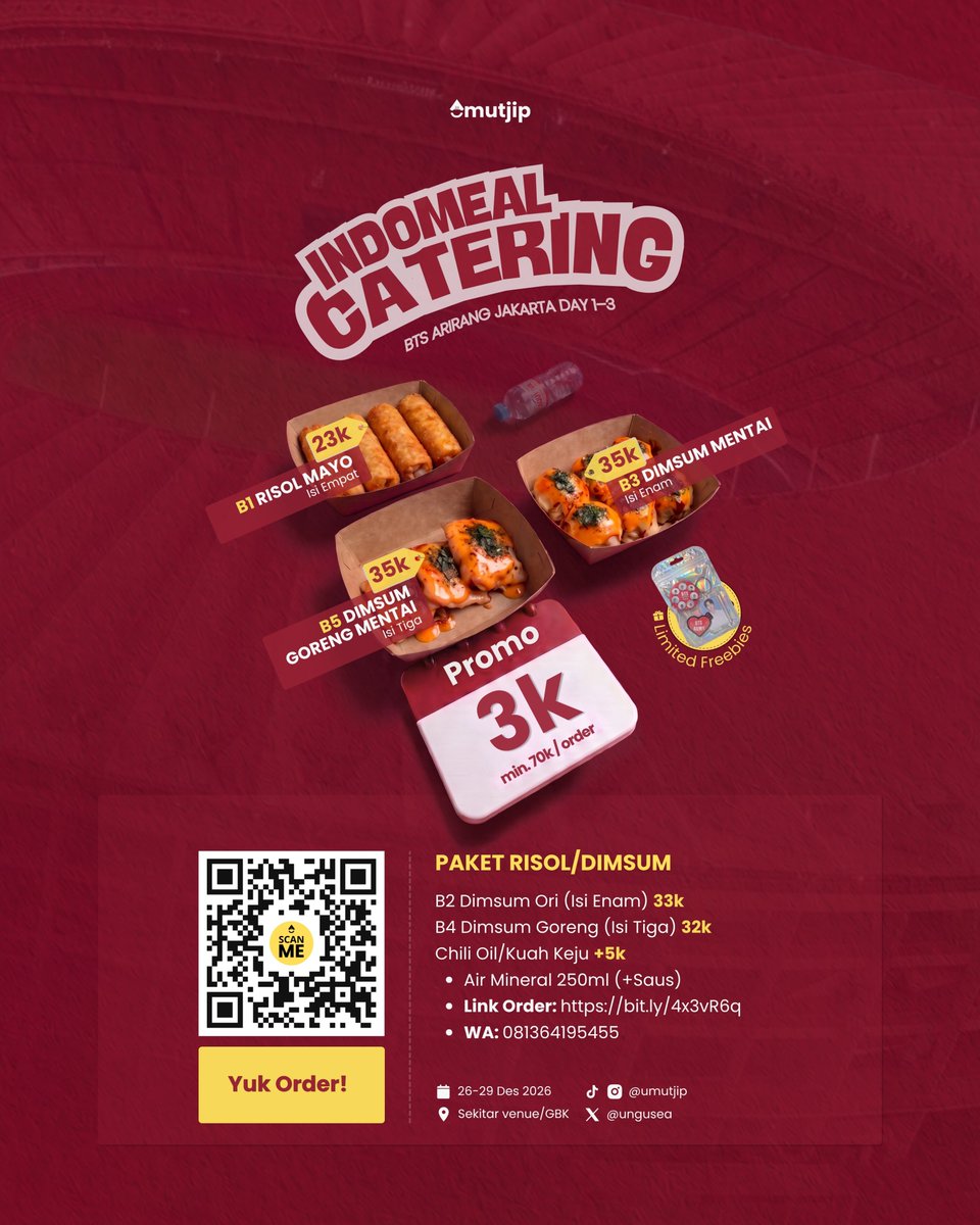 Ungusea's tweet photo. Help Likes/RTs are really appreciated🫶🥹

Hi ARMY👋 SN udah keluar nih dan tinggal D-77 lagi ketemu bangtan.

Aku open PO catering utk KONSER BTS ARIRANG JAKARTA.
Available: Day 1, 2, 3.

☆ limited slot &amp; freebies
☆ diskon 3K/tiap pem. min 70k
☆ link: https://t.co/txeRWfe0Ic https://t.co/MUoMc1nZfS