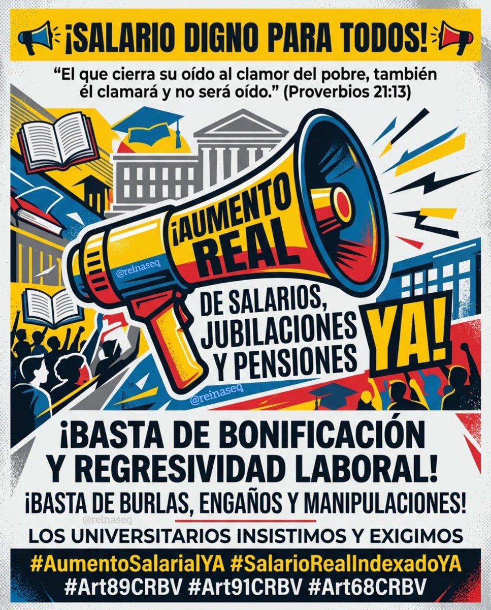 reinaseq's tweet photo. 📢📢📢 #SalarioDignoUniversitario  || ES IMPERATIVO REVERTIR LA POLÍTICA DE BONOS SIN INCIDENCIA SALARIAL ¡NO MÁS DEMORA! LAS NECESIDADES REALES DE LA FAMILIA NO PUEDEN ESPERAR!

📢 LOS UNIVERSITARIOS INSISTIMOS Y EXIGIMOS CON URGENCIA AUMENTO SALARIAL REAL SEGÚN #Art89y91CRBV #AumentoSalarialYA #Art68CRBV