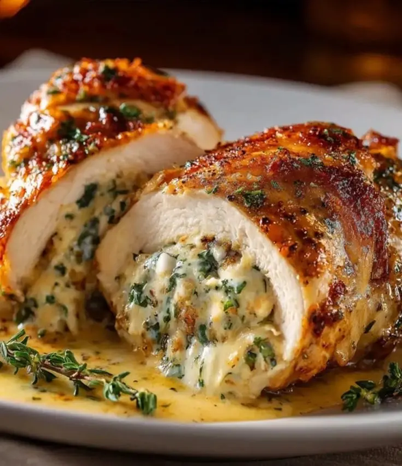 ann_ann886's tweet photo. Ruth’s Chris Stuffed Chicken (Copycat)

Ingredients 
Chicken
4 large boneless skin-on chicken breasts (or boneless/skinless; see Notes)
1½ tsp kosher salt
¾ tsp black pepper
1 tsp garlic powder
1 tsp paprika (sweet or smoked)
1 tbsp olive oil
2 tbsp unsalted butter
Filling
8 oz cream cheese, softened
1 cup shredded cheeses (half sharp cheddar, half Monterey Jack or mozzarella)
¼ cup grated Parmesan
2 tbsp sour cream (or mayo)
1½ tsp Dijon mustard
1 tsp Worcestershire sauce
2 cloves garlic, finely minced
2 tbsp fresh parsley, chopped (or 1 tsp dried)
1 tbsp fresh chives, chopped (or ½ tsp dried)
½ tsp onion powder
½ tsp kosher salt
¼ tsp black pepper
Optional: ¼ tsp crushed red pepper flakes
Butter pan sauce (optional but great)
3 tbsp unsalted butter
1 tsp fresh thyme leaves (or ½ tsp dried)
½ cup low-sodium chicken broth
1 tbsp lemon juice
Salt and pepper to taste

Instructions
Prep and season
Preheat oven to 400°F (204°C).
Pat chicken dry. If using skin-on, keep skin attached. With a sharp knife, cut a deep pocket in the thick side of each breast (don’t cut through).
Mix salt, pepper, garlic powder, and paprika; season outside of chicken.
Make the filling
In a bowl, combine cream cheese, shredded cheeses, Parmesan, sour cream, Dijon, Worcestershire, garlic, parsley, chives, onion powder, salt, pepper, and red pepper flakes (if using). Beat until smooth.
Stuff securely
Divide filling among breasts, pushing deep into each pocket. If using skin-on, pull skin back over the pocket. Secure openings with 2–3 toothpicks each so filling stays inside.
Sear
Heat a large oven-safe skillet over medium-high. Add olive oil and 2 tbsp butter.
Sear chicken 2–3 minutes per side until lightly golden (skin-side down first if skin-on).
Roast
Transfer skillet to oven and bake 18–24 minutes, until thickest part reaches 165°F (74°C). Time varies with size; start checking at 16 minutes.
Move chicken to a plate; tent lightly with foil to rest 5 minutes. Remove toothpicks before serving.
Quick butter-pan sauce (while chicken rests)
Return the skillet to medium heat (keep drippings). Add 3 tbsp butter and thyme; melt and bubble for 30 seconds.
Stir in broth and lemon juice; simmer 2–3 minutes to reduce slightly. Season to taste with salt and pepper.
Spoon over sliced stuffed chicken.
Serving ideas
Garlic mashed potatoes or creamy mashed cauliflower
Roasted asparagus or green beans
Simple arugula salad with lemon vinaigrette
Tips & Notes
Skin-on vs skinless: Skin-on crisps beautifully and helps keep filling in. Skinless works—just seal well with toothpicks and don’t overstuff.
Cheese mix: The signature vibe is rich and slightly tangy — the combo of cream cheese + cheddar/Jack + Parmesan nails it. Add a splash of heavy cream if you want a looser ooze.
Don’t overbake: Pull at 165°F; carryover heat will finish it. Juiciness is the “steakhouse” secret.
Flavor twists: Add 2–3 tbsp finely chopped spinach to the filling, or a pinch of nutmeg for a subtle steakhouse note.
Make ahead
Filling can be made 2 days ahead (refrigerate). Stuffed raw chicken can be assembled the morning of, covered, and chilled; add 2–3 minutes to bake time.