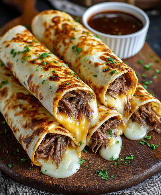 ann_ann886's tweet photo. Savory French Dip Tortilla Roll-Ups 

Ingredients
2 cups shredded roast beef
1 cup mozzarella or provolone cheese, shredded
1/2 cup cheddar cheese, shredded
4 large flour tortillas
2 tablespoons butter
1 teaspoon garlic powder
1 teaspoon onion powder
1 tablespoon chopped parsley
Au Jus Dipping Sauce
2 cups beef broth
1 tablespoon Worcestershire sauce
1 teaspoon soy sauce
1/2 teaspoon garlic powder
Black pepper, to taste

Instructions
In a saucepan, combine beef broth, Worcestershire sauce, soy sauce, garlic powder, and pepper. Simmer for 10 minutes.
Lay tortillas flat and fill each with shredded beef and both cheeses.
Roll tightly into burrito-style wraps.
Melt butter in a skillet over medium heat. Sprinkle in garlic powder and onion powder.
Place roll-ups seam-side down and cook until golden and crispy on all sides, about 2–3 minutes per side.
Sprinkle with parsley and slice in half if desired.
Serve hot with warm au jus dipping sauce.

Cheesy, crispy, beefy perfection in every bite!