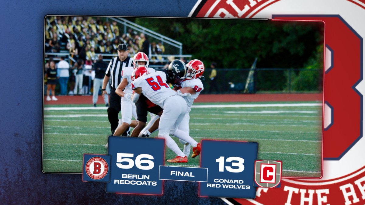 berlin_redcoats's tweet photo. FB: Berlin gets back in win column with 56-13 win over Conard. Nick Balicki scored 3 TDs while Brandon Sadowski added a pair as Berlin opened a 35-7 lead at intermission. Redcoats head into bye week 3-2. Up next Bristol Central.  #redcoatsrule #cthsfb https://t.co/JBhlCH27EO