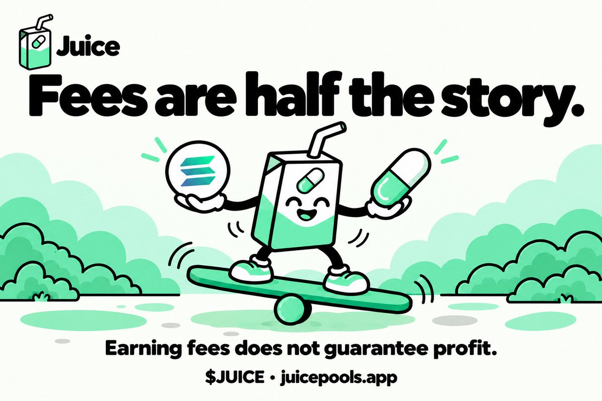 JuicePools's tweet photo. Fees are half the story.

A position can earn trading fees and still lose value.

Liquidity providers are exposed to the assets in their pool. As prices move, the pool’s balance changes too, and the result can trail simply holding the original assets. That difference is often called impermanent or divergence loss.

Juice’s documentation walks through these mechanics with examples, helping you look beyond fee activity alone. The outcome depends on price movement, trading activity and costs together.

Getting familiar with solana:B3DE8d6CpEF2YBMpxY3Lshj6n8hkz9aSVU451c5Jpump means understanding the complete picture. Know where fees come from, and know what can offset them.

CA: B3DE8d6CpEF2YBMpxY3Lshj6n8hkz9aSVU451c5Jpump
https://t.co/UbNWh4XCwh