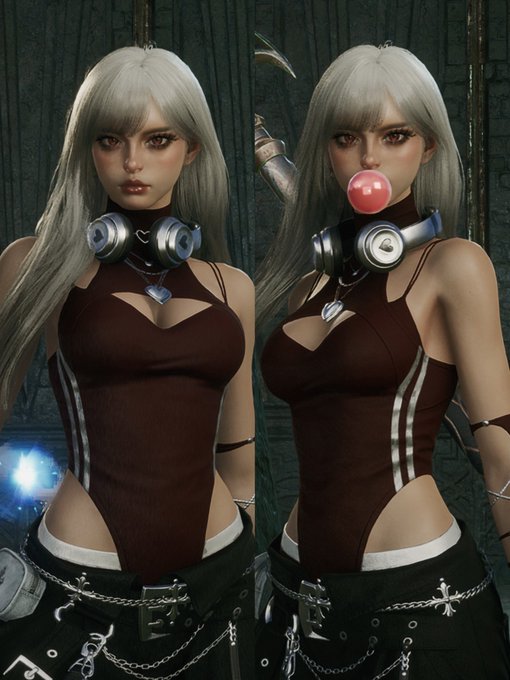 A side-by-side comparison of a 3D rendered female character wearing headphones and a dark bodysuit, shown both without and with bubble gum.