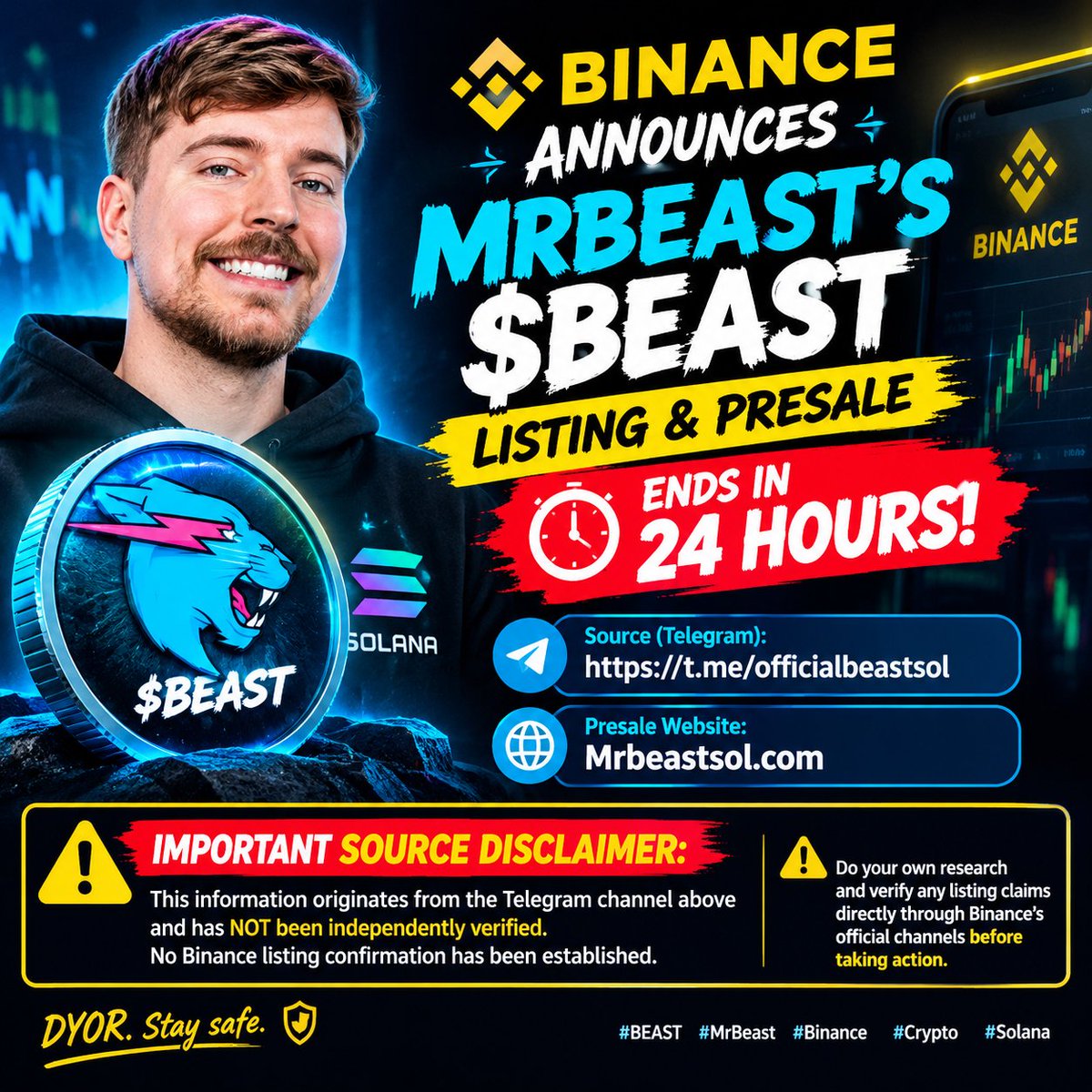 AlaminFlex's tweet photo. 🚨 $BEAST PRESALE COUNTDOWN: 24 HOURS LEFT?

⚠️ IMPORTANT SOURCE DISCLAIMER: This information originates from the Telegram channel below and has NOT been independently verified. No Binance listing confirmation has been established.

📢 Source: https://t.co/uEeIAKh94I

🔗 Presale website: https://t.co/HpLJTbS9hg

Do your own research and verify any listing claims directly through Binance’s official channels before taking action.

#BEAST #MrBeast #Binance #Crypto #Solana