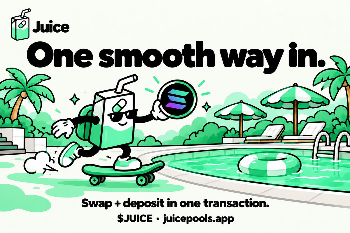 JuicePools's tweet photo. One smooth way in.

Have SOL and want to add liquidity to a supported SOL pair?

Juice’s SOL-only deposit buys the token portion and deposits both sides in one transaction. The swap and deposit happen together, or neither happens. The amount you enter is the maximum total cost, with the review showing the details before you sign.

A little unused token can remain in your wallet, and some pools require a paired deposit instead.

It is a practical feature to explore behind solana:B3DE8d6CpEF2YBMpxY3Lshj6n8hkz9aSVU451c5Jpump: fewer separate steps, with the transaction’s costs and limits visible before you commit.

CA: B3DE8d6CpEF2YBMpxY3Lshj6n8hkz9aSVU451c5Jpump
https://t.co/UbNWh4YalP