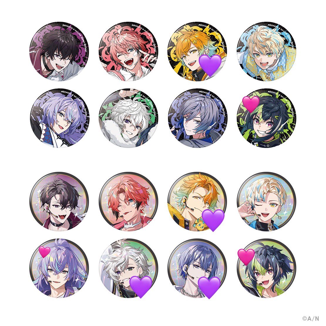 K1cvx's tweet photo. 【交換】
MECHATU-A ライブグッズ　缶バッジ

求　🩷（最下段💚様最優先）

譲　💜

現地での交換のみ
15:00〜開場前まで https://t.co/vrL8oCWzaq
