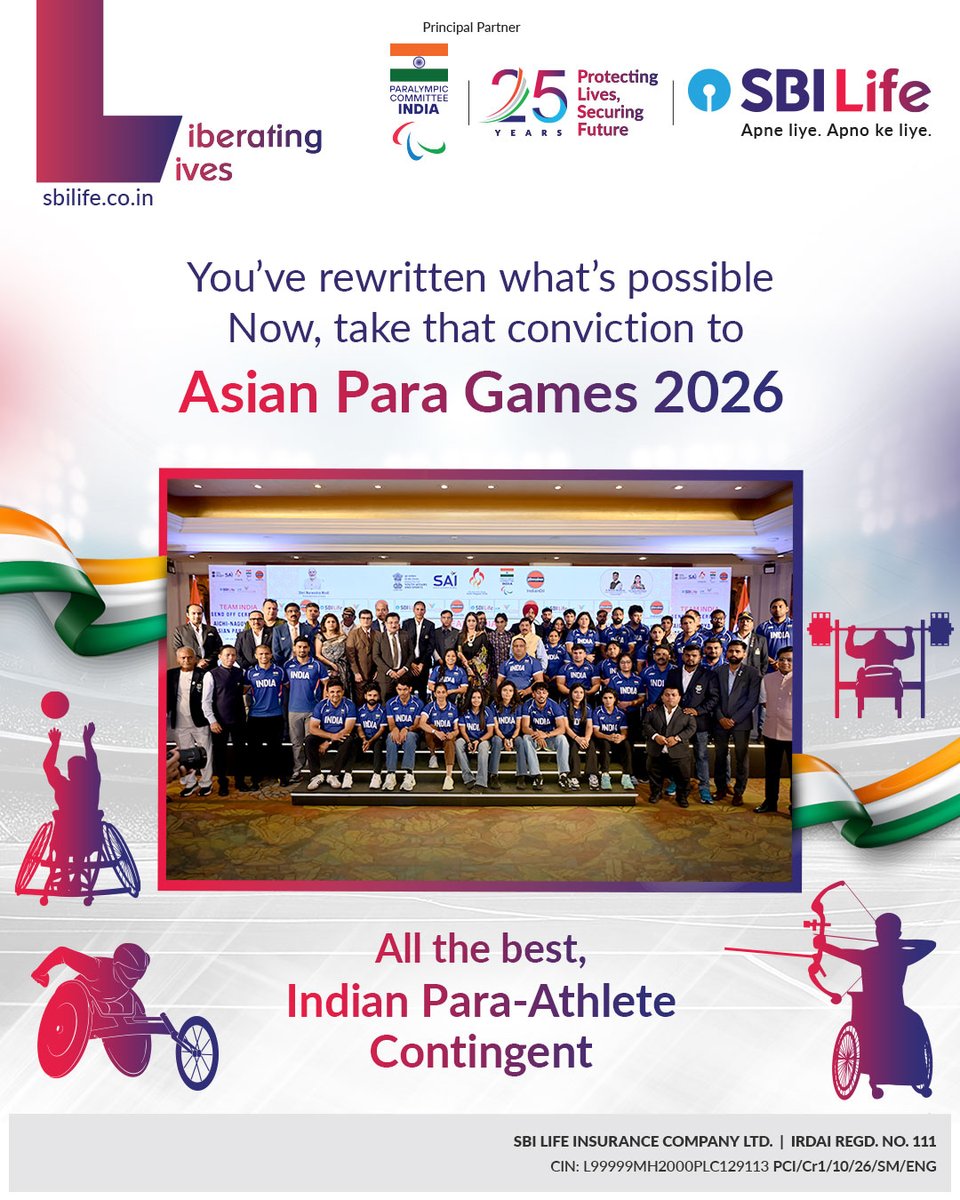 SBILife's tweet photo. Behind every athlete is a journey of hard work, discipline, and determination. 

Today, our athletes take that journey to Asian Para Games 2026. Wishing them every success.

Apne Liye. Apno Ke Liye.

[SBI Life, Asian Para Games 2026, Achievement, dreams, Apne Liye Apno Ke Liye] https://t.co/gFwlZj9x8I