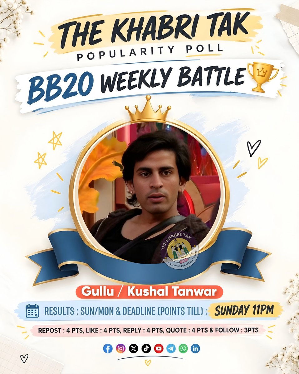 TheKhabriTak's tweet photo. POPULARITY POLL : WEEK - 05     

- Retweet🔁
- Like❤️
- Quote with Contestant Hashtag
- Comment with Contestant Hashtag

#BiggBoss #BiggBoss20 #Gullu                         

@TheKhabriTak | @kushalTanwar01 https://t.co/2eIe9yqqN1