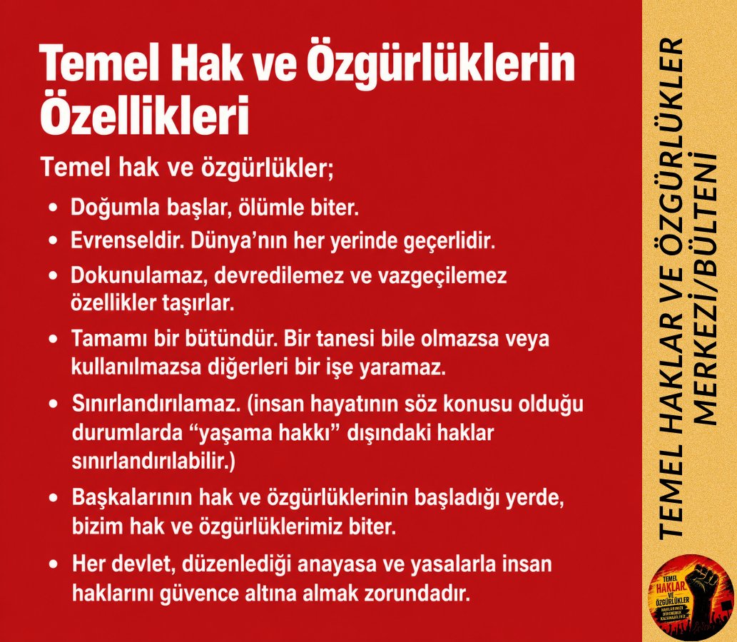 TemelHklrResm9's tweet photo. Temek Haklar ve Özgürlükler Merkezi/Bülteni;

"Temel Hak ve Özgürlüklerin Özellikleri" https://t.co/jlScOn9TS7