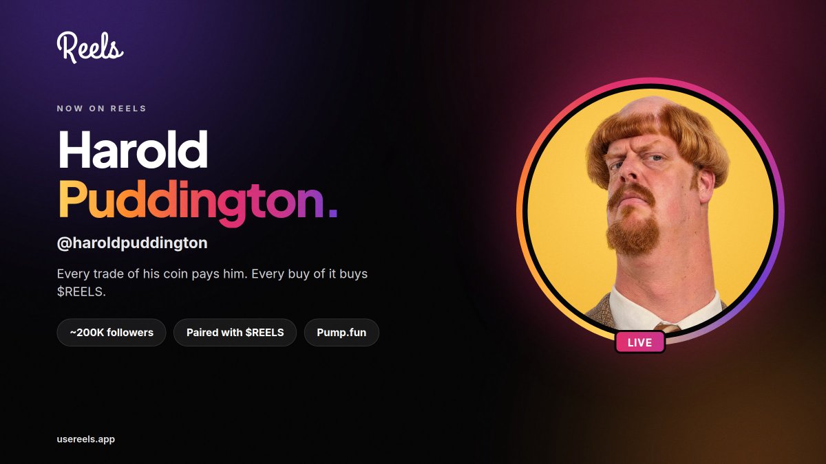 UseReelsApp's tweet photo. The first viral creator coin on Reels is live.

Harold Puddington. Almost 200,000 followers on Instagram, and his reels don't stop going viral.

Every trade of his coin pays him. CA in the reply. Have you seen his face before? You probably have. https://t.co/6JX4pTW288