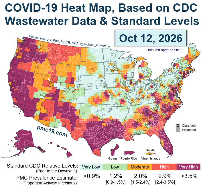 michael_hoerger's tweet photo. PMC COVlD Update, Week of Oct 12, 2026
(Posted 48 hrs early)

🔸Levels revised upward for a double-peak
🔸39-state outbreak (see ALT)
🔸PMC estimates 750,000 new daily infections, &amp; 1 in 65 people actively infectious
🔸1st time starting Oct w/rising levels since 2020

1/🧵 https://t.co/4O8On7pq8b