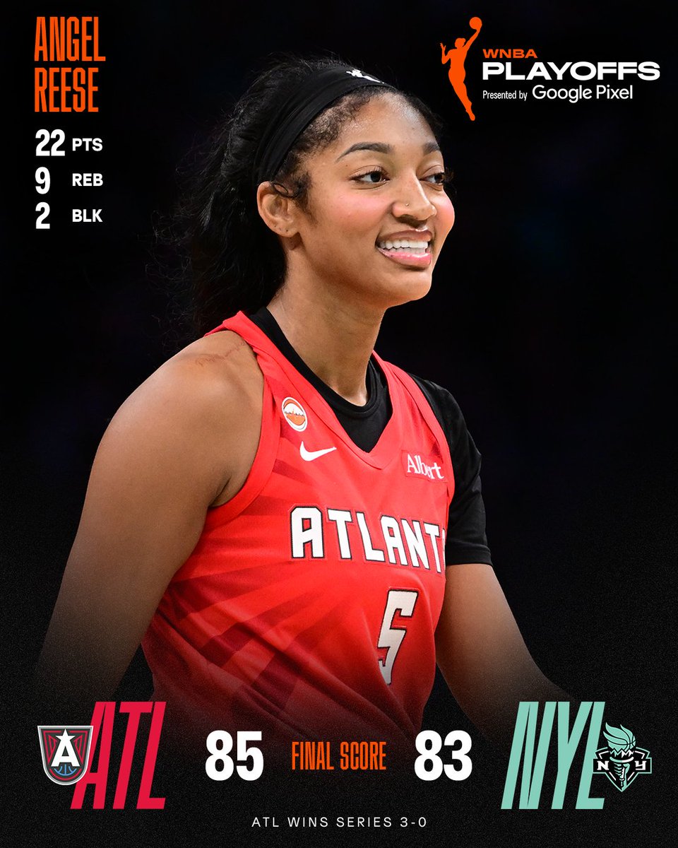 WNBA's tweet photo. Angel Reese closed out the series on a high note 🤩

Reese went to WORK in Game 3, which helped lead the @AtlantaDream to the 2026 WNBA Finals for the first time in 13 years! 

22 PTS | 9 REB | 3 AST | 2 3PM | 2 BLKS 

#WNBASeason30 https://t.co/37dU8r1uhB