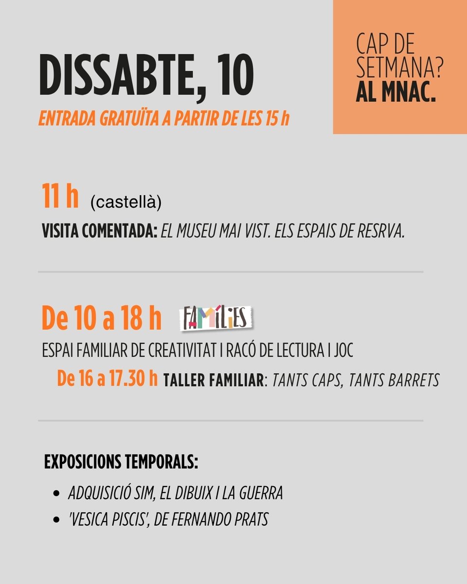MuseuNac_Cat's tweet photo. �� 🏛️ Aquest dissabte, vine a la visita "El museu mai vist. Els espais de reserva" i descobreix on es custodien les obres que no estan exposades al públic. I en família, inspira’t en el Renaixement i el Barroc al taller "Tants caps, tants barrets". 🎩

📲 https://t.co/6cAHHScIND https://t.co/asH5moS3rZ