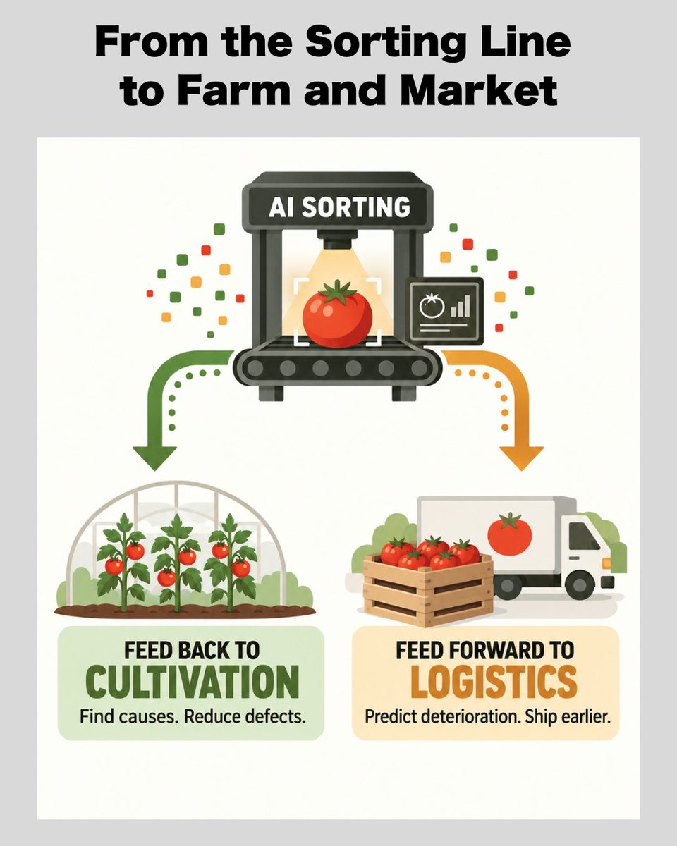 japan's tweet photo. Could Sorting Facilities Become Hubs to Fight Food Loss? ��

In Fukushima Prefecture, a team used AI sorting data to adjust growing conditions, increasing tomatoes fit for sale in trials. Estimates suggest shipping perishable fruit earlier could cut waste during distribution. https://t.co/itfImuL0Ne