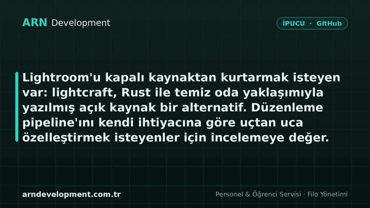arndevelopment's tweet photo. Lightroom'u kapalı kaynaktan kurtarmak isteyen var: lightcraft, Rust ile temiz oda yaklaşımıyla yazılmış açık kaynak bir alternatif. Düzenleme pipeline'ını kendi ihtiyacına göre uçtan uca özelleştirmek isteyenler için incelemeye değer. #yazılım #github https://t.co/hTBv9BmtzC
